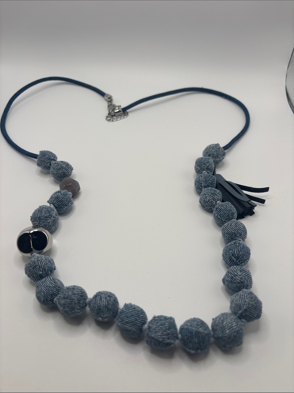 Chico’s Blue Fabric Bead Necklace with Tassel & Silver Tone Accents